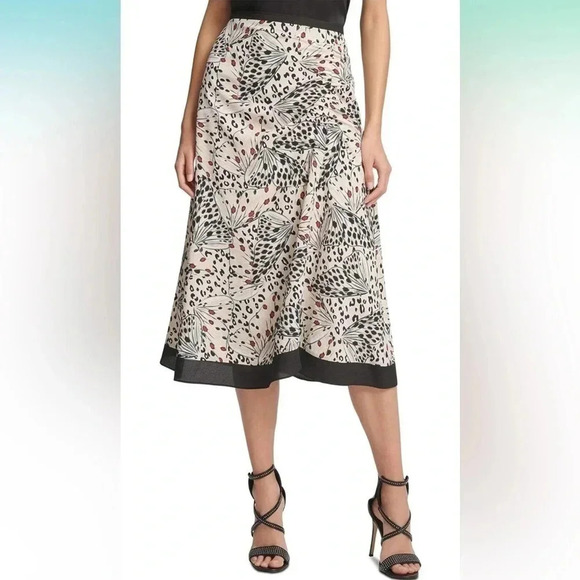 DKNY Skirt Midi Black Tan Chiffon Butterfly Floral Ruched Flowy Resort Y2K - Picture 2 of 8